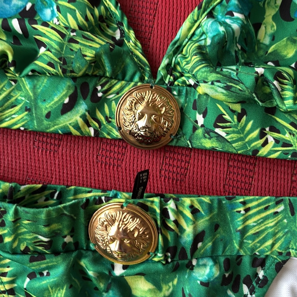 Green Tropical Print Bikini with Gold Accents designer inspired lion head 4 - Picture 4 of 7